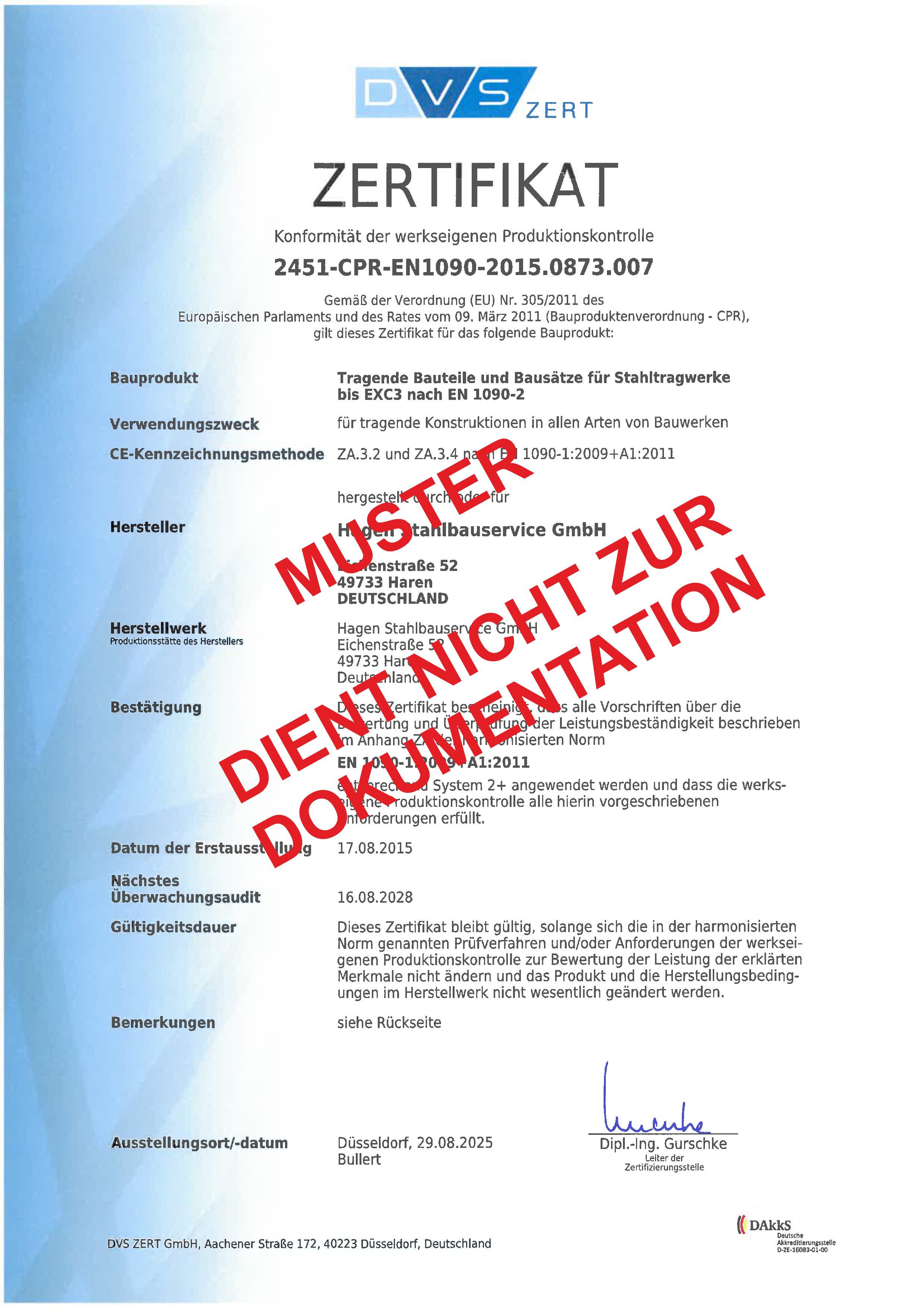 Zertifikat von DVS ZERT über die Konformität der werkseigenen Produktionskontrolle nach DIN EN 1090, ausgestellt für Hagen Stahlbauservice