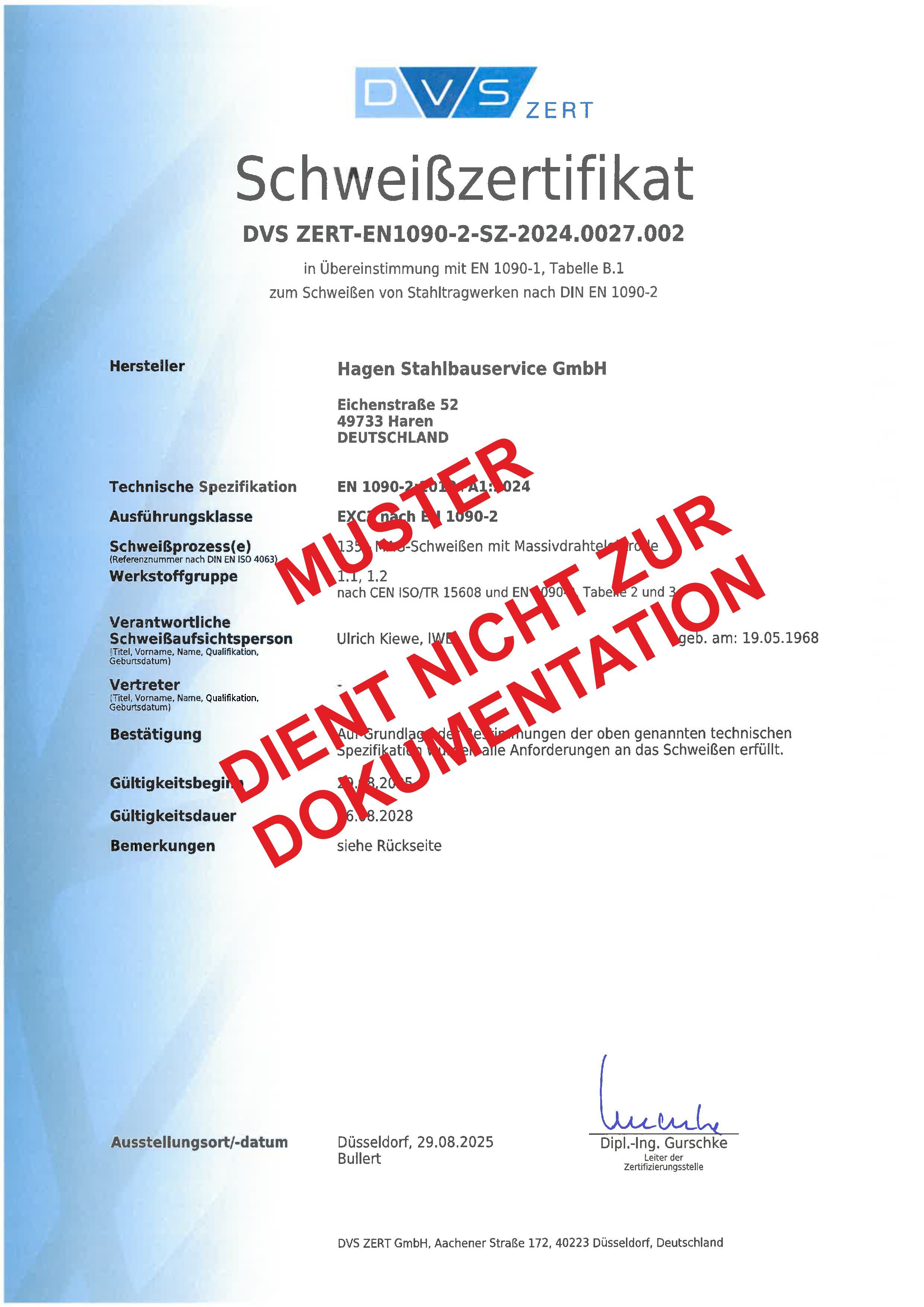 Schweißzertifikat mit DVS ZERT Logo und Angaben zur Qualifikation des Unternehmens nach DIN EN ISO 3834 für Schweißarbeiten im Stahlbau